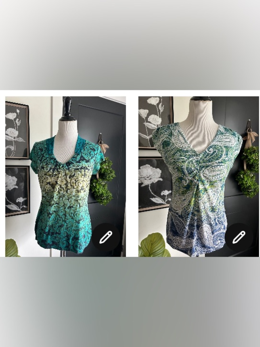 Bundle of 2 M Teal green white black paisley  Swirl V-Neck Tops
